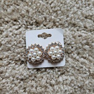 Faux Pearl & Rhinestone Round Flower Large Stud Earrings